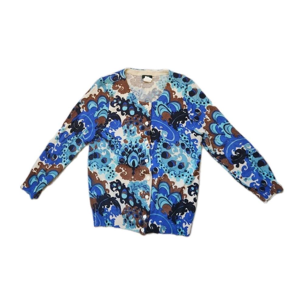 J Crew Cardigan Sweater Womens S Blue Brown Abstract Print Wool Button Front